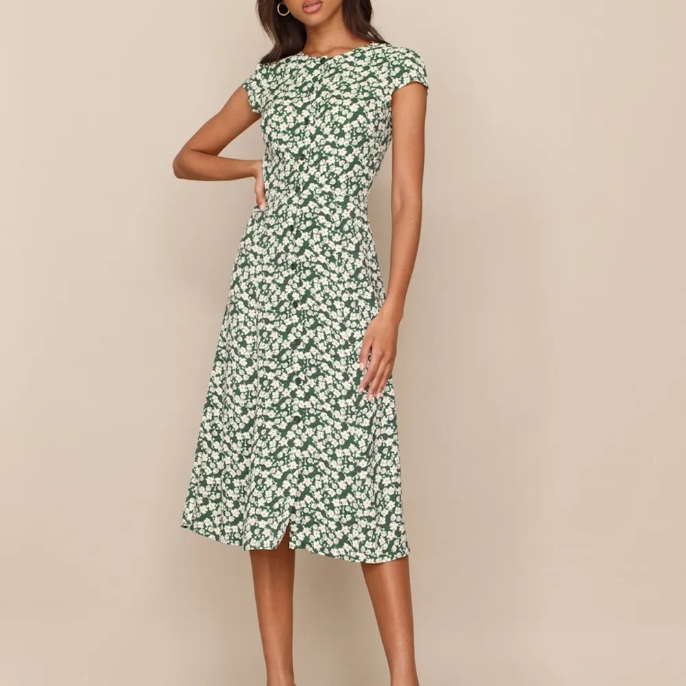 Reformation Fauna Floral Green Midi Dress in Cilantro, size 0 - NWOT